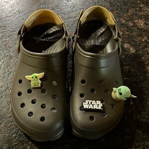 Mens Crocs size M 10/ W 12. Brown and Tan with Velcro Straps